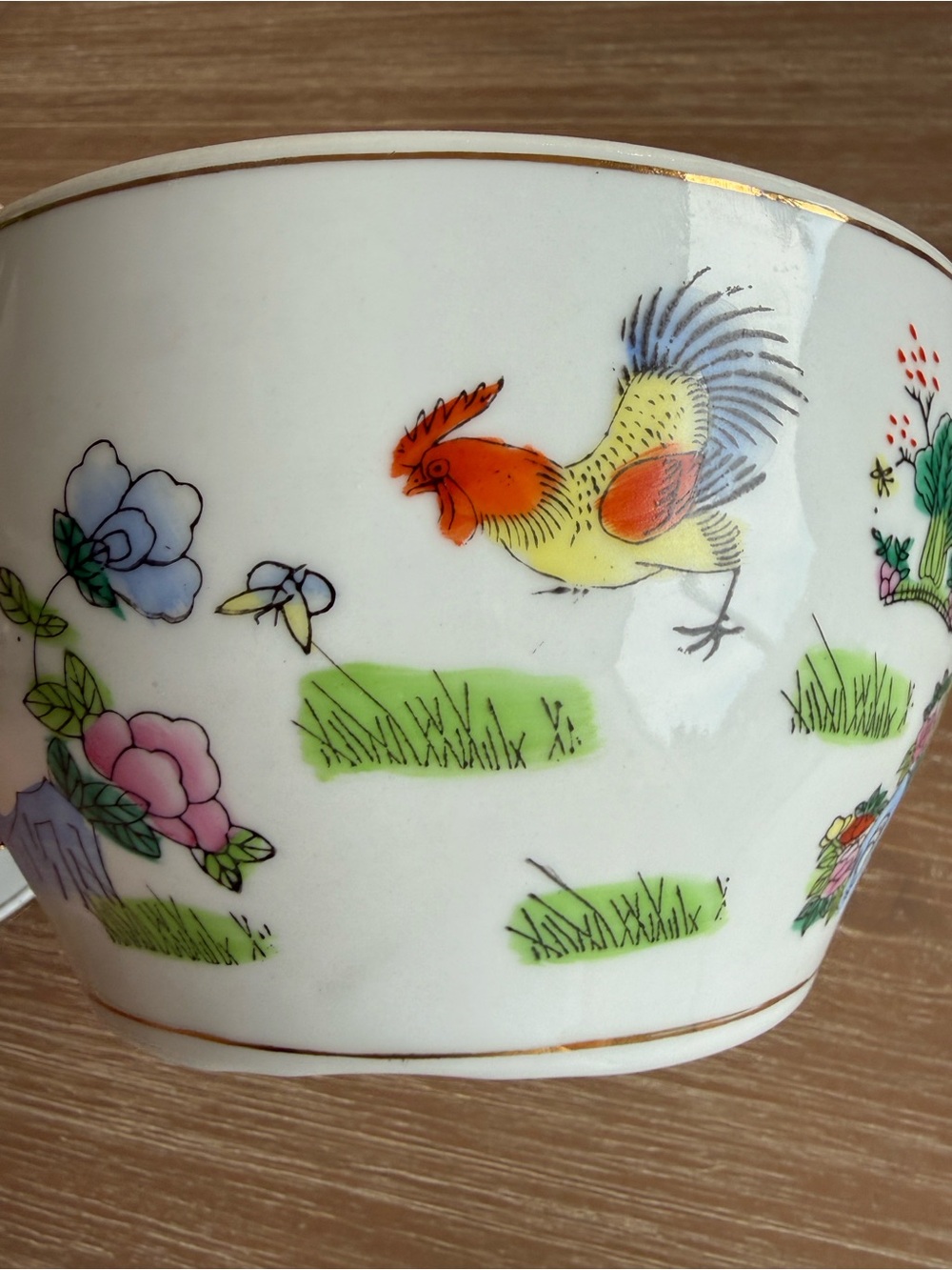 Vintage Chinese Porcelain Lidded Bowl Hand Painted Rooster & Peony Motif Ming Li - Picture 4 of 15
